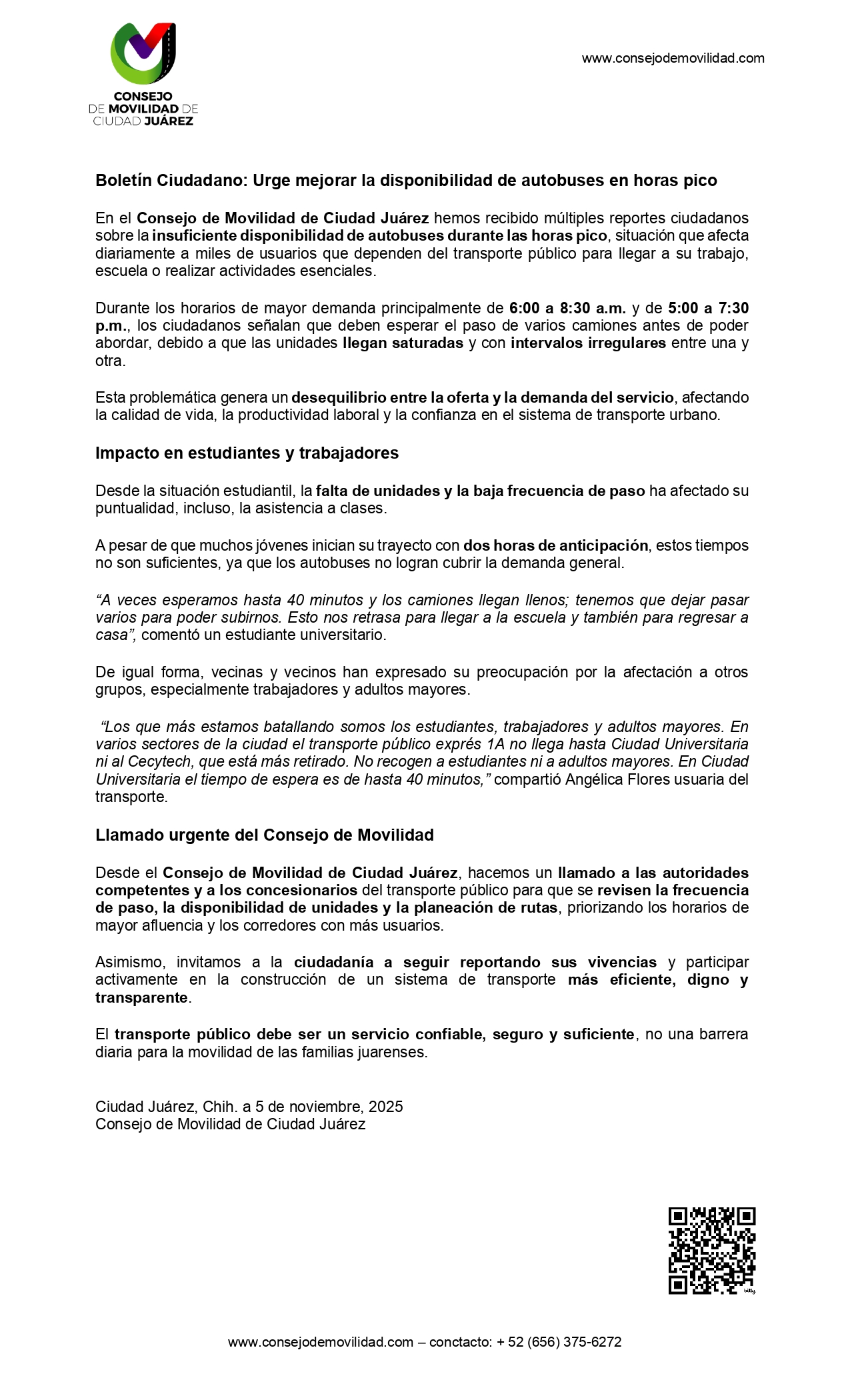 Boletín Ciudadano: Urge mejorar la disponibilidad de autobuses en horas pico